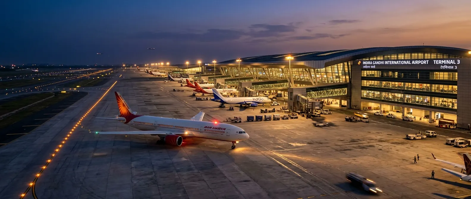 IGI Airport terminal at dusk — illustrative