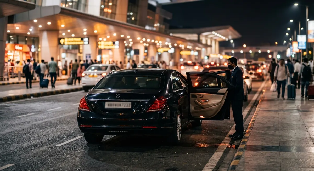 Sedan waiting at airport pickup lane — illustrative